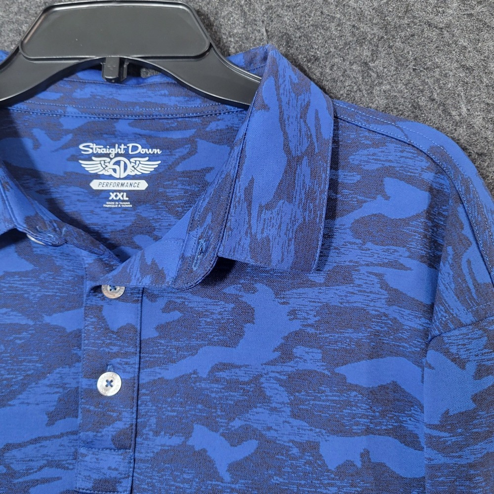 Straight Down Mens XXL Blue Camo Performance Golf Polo Bartram Trail Logo Shirt